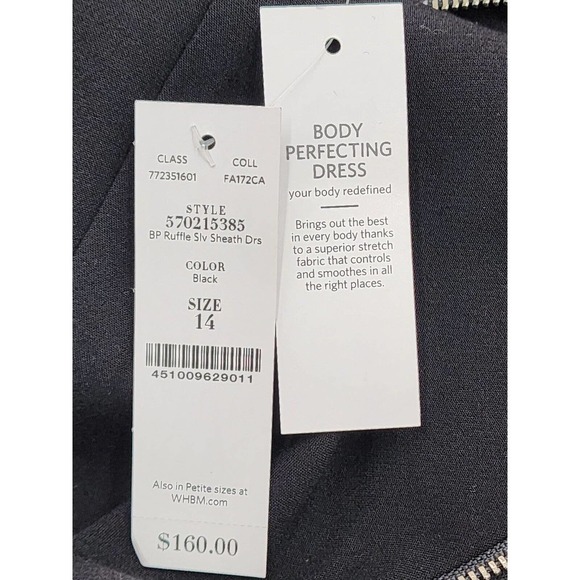 WHBM Body Perfecting Ruffle Sleeve Black Sheath Dress Women 14 NWT - Picture 10 of 13